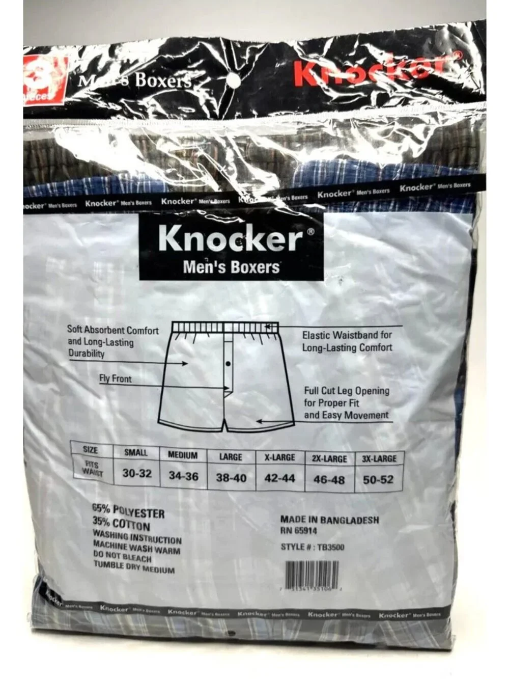 Mens Knocker Boxers Underwear Plaid (1) 3Pk Size S 30-32 3-PCS Polyester/Cotton
